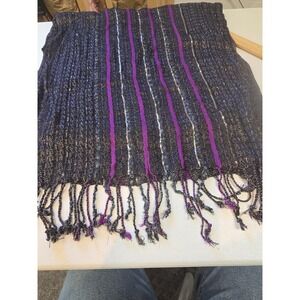 Charming Charlie Metallic Woven Scarf Black Silver Purple Stripe Fringe Wrap...‎